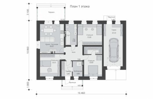 Проект одноэтажного жилого дома с террасой и гаражом